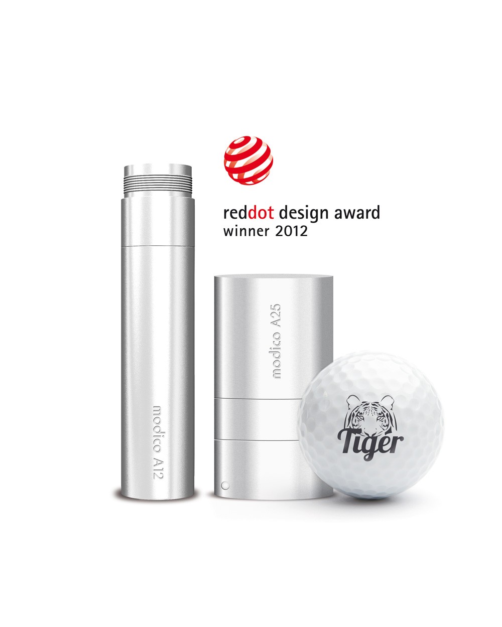Red Dot Design Award Winner 2012 – Auszeichnung für die Golfballstempel AG12 und AG25 mit Golfball-Beispiel 'Tiger'